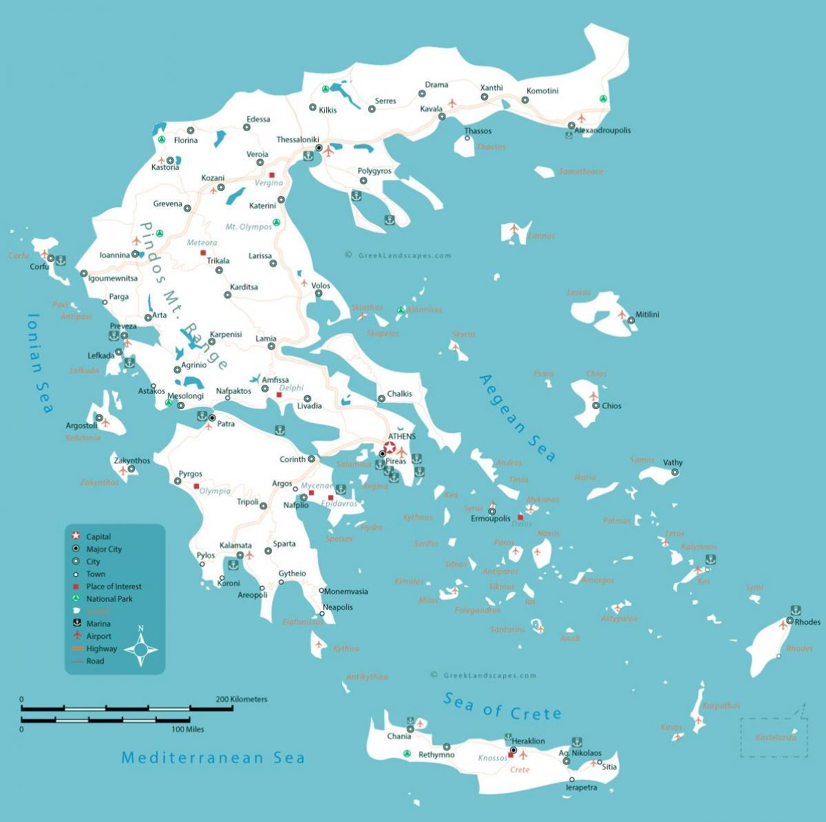 Kaart van Griekenland met de belangrijkste steden